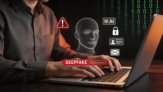 Deepfake AI technology cyber security warning, wireframe face on laptop screen, identity theft risk, phishing scam alert, digital fraud protection, binary code background, hacking