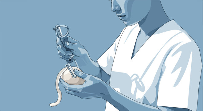 Illustration of person's hands peeling a round root vegetable using a peeler