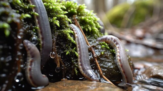 Close up view of leeches on a mossy rock in a stream, with water droplets glistening in the sunlight.