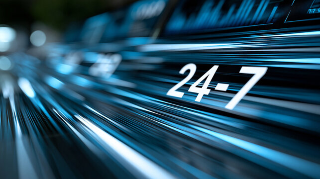 Close-up of customer service 24-7 concept visualization with motion blur and abstract high-speed technology, nonstop service concept, 24/7 photography, continuous support