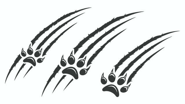 Vector illustration of three black animal paw prints with claw scratch marks on a white background, wildlife