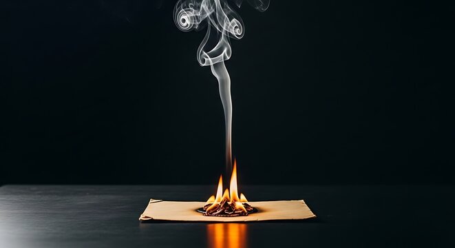 White smoke rising from a small paper fire on a dark wooden table