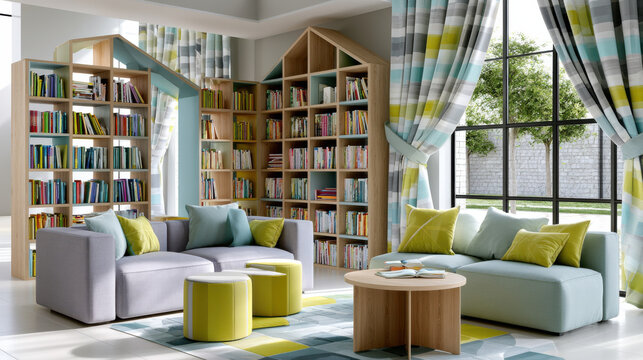 Modern children library corner colorful book cozy sofa bright curtain large window reading space playful seating geometric rug educational area