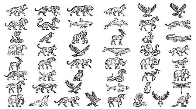 Geometric animal icons set, 48 minimalist wildlife line art vectors, modern black and white poly style fauna illustrations for branding and logos