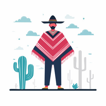 Man in Poncho and Sombrero in Desert Landscape with Cacti