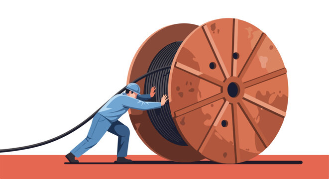 Worker in blue uniform pushes a large wooden spool of electrical cable with effort