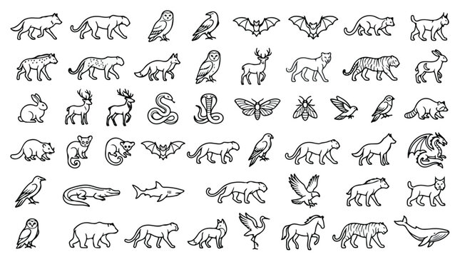 Minimalist animal icons set, 56 black line art wildlife symbols, modern geometric fauna illustrations, simple outline zoo and forest creatures vector