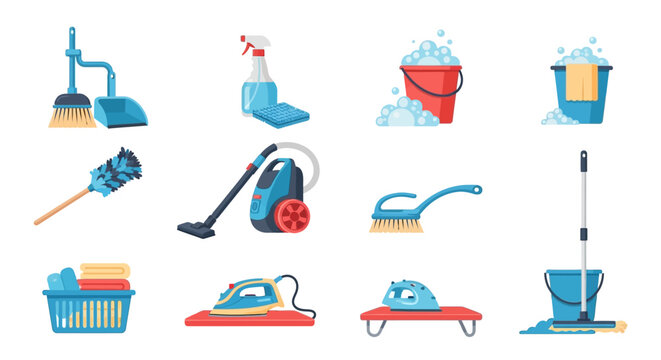 Home cleaning tools and equipment set for household chores