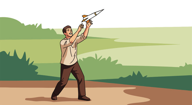 A happy man launches a white and orange toy rocket outdoors in a green field