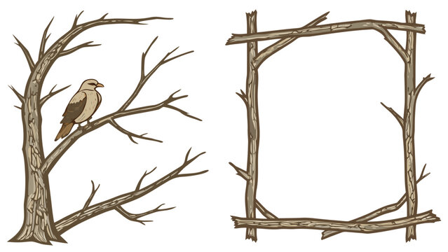 Vector illustration of a bird perched on a bare tree branch next to a rustic wooden frame with wildlife