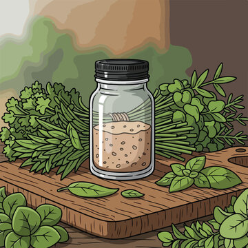 Glass jar of ground spices amidst vibrant green fresh herbs on a wooden cutting board