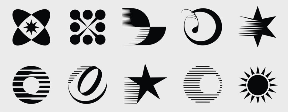 Set of abstract geometric logo design elements with dynamic speed lines starbursts circles and minimalist corporate identity symbols vector