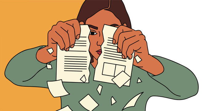 Person ripping document in half, with torn papers falling, expressing anger or frustration