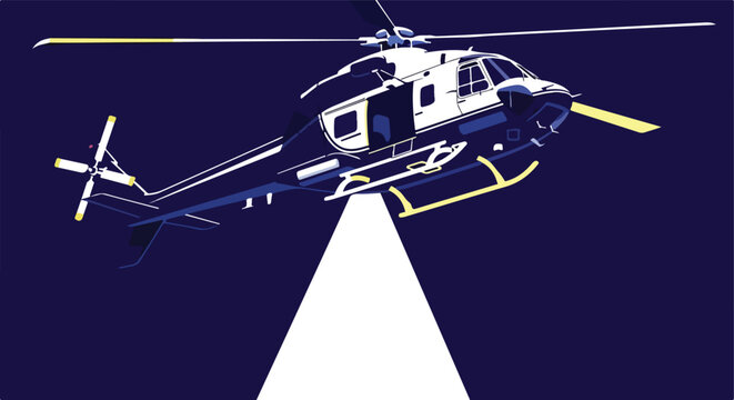 Stylized white and blue helicopter with yellow accents flies at night, spotlight shining