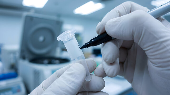 Scientist labeling microcentrifuge tube with marker | Medical laboratory sample preparation process | Researcher in sterile gloves writing on plastic vial | Biotechnology lab equipment