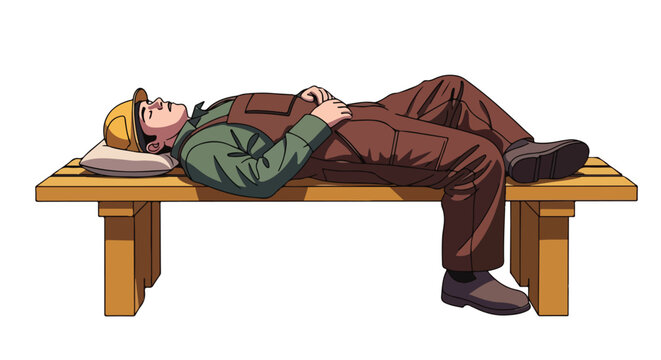 Animated worker wearing a hard hat and overalls, resting on a wooden bench