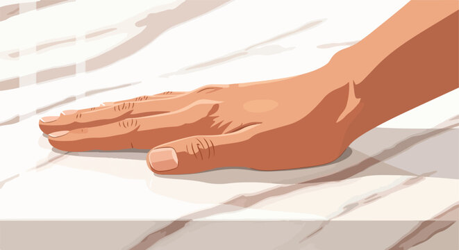 Detailed flat illustration of a human hand resting on a white, marble-patterned surface