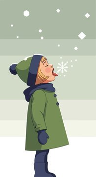 Young child in winter clothes happily catching snowflakes on her tongue