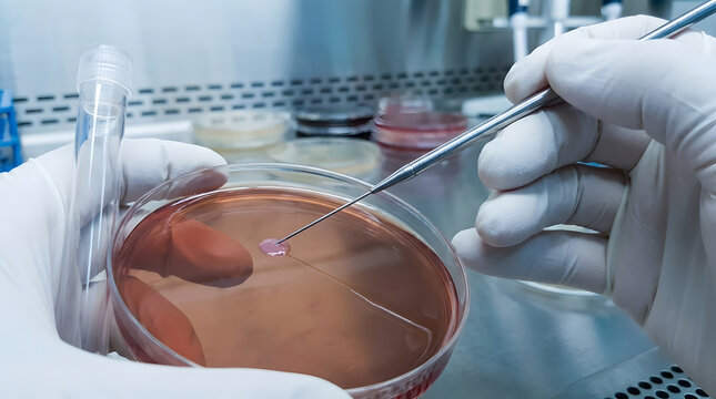 Microbiologist using inoculation loop on agar plate | Scientist sampling bacterial colony in petri dish | Clinical microbiology research and disease testing | Sterile laboratory work in biosafety 