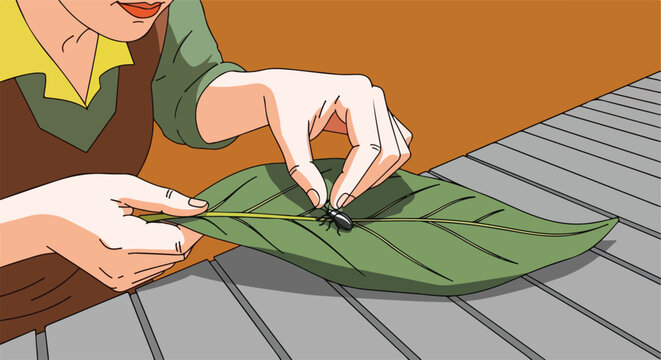 Person's hands gently hold a green leaf with a small black beetle on it, observing