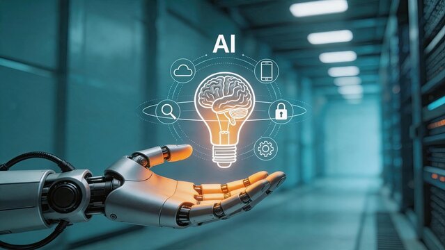 Futuristic robotic hand holding artificial intelligence concept with glowing brain lightbulb, symbolizing innovation and machine learning technology in server room data center