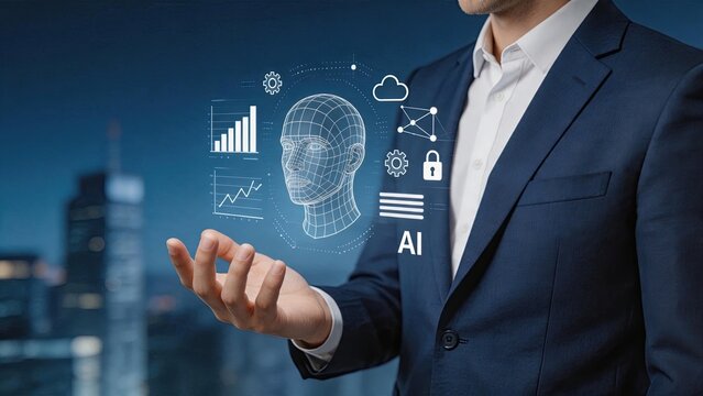 Human head wireframe representing artificial intelligence and cognitive computing, surrounded by data analysis charts, cloud storage, security lock and gear settings icons for