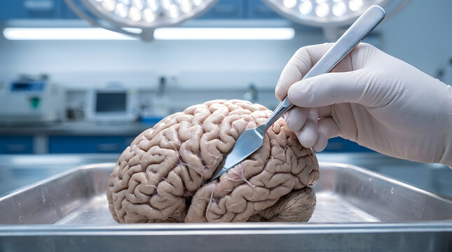 Surgeon hand performing neurosurgery procedure | Human brain model in medical laboratory setting | Surgical instrument pressing on brain tissue | Advanced neuroscience research