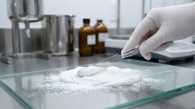 Laboratory professional mixing pharmaceutical cream with metal spatula|Pharmacist compounding topical ointment on glass slab in lab|Quality control testing of cosmetic white cream in industrial lab