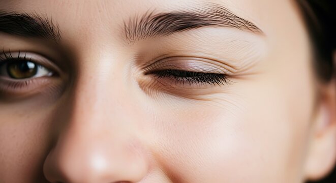 Close up of a young woman winking with natural skin texture and eyes