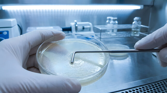 microbiological inoculation technique with spreader | researcher spreading bacteria on agar petri dish | sterile laboratory workflow in laminar flow cabinet |clinical microbiology testing for bacteria