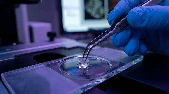 Lab technician using forceps for specimen preparation | Microscopic sample analysis in biotechnology lab |Close up of gloved hand handling scientific sample |Biomedical research and tissue engineering