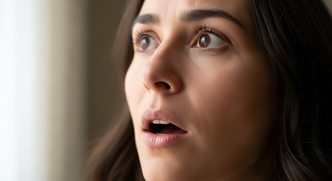 Close up portrait of a shocked woman looking away with wide eyes