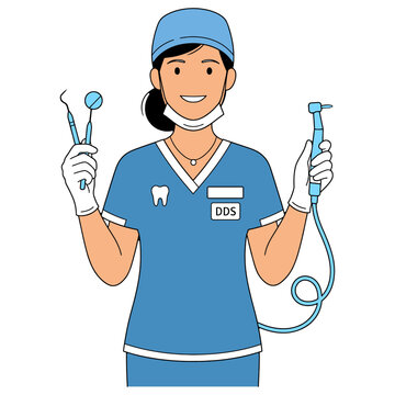 A smiling female dentist wearing a blue scrub suit, cap, mask, and gloves, holding dental instruments and a dental drill, ready for a procedure.