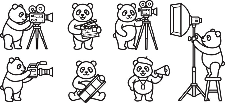 Cute cartoon panda bears performing various film production roles including directing filming and lighting in this fun graphic illustration set