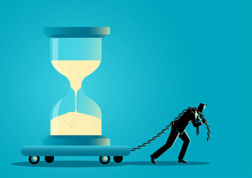 Businessman Dragging Giant Hourglass, time pressure concept
