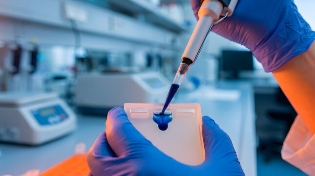 scientist loading DNA sample into agarose gel | gel electrophoresis laboratory procedure | biotechnology research using micropipette | molecular biology experiment in medical lab