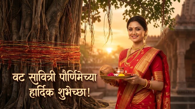 Vat Purnima Vrat Traditional Indian Woman with Offerings at Banyan Tree