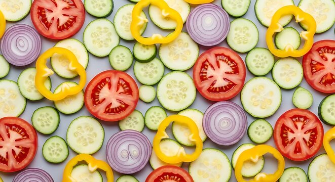Fresh sliced raw vegetables pattern of tomato cucumber onion and pepper