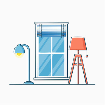 Illustration of a window with blinds and two lamps