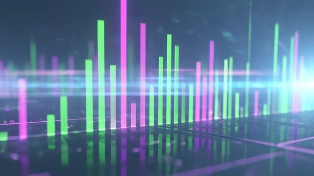 Abstract digital data visualization with colorful glowing bars on a dark
