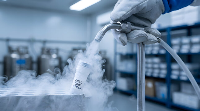 Gloved hand dispensing liquid nitrogen into a cell line vial | Cryogenic storage for biotechnology and medical research | Laboratory worker handling liquid nitrogen in a biobank