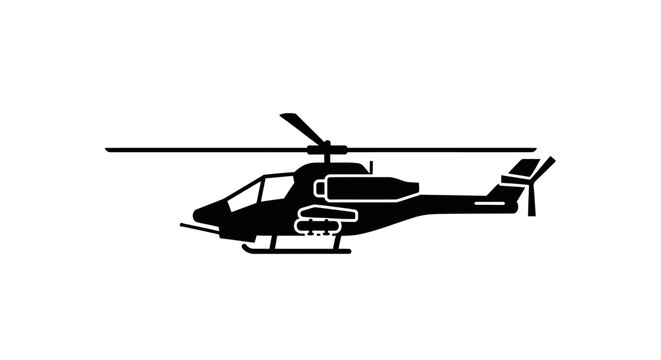 Black military attack helicopter silhouette on white background