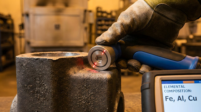 Handheld XRF analyzer measuring metal composition | Industrial quality control elemental analysis | Nondestructive testing of metal parts | Portable laser scanner for alloy identification