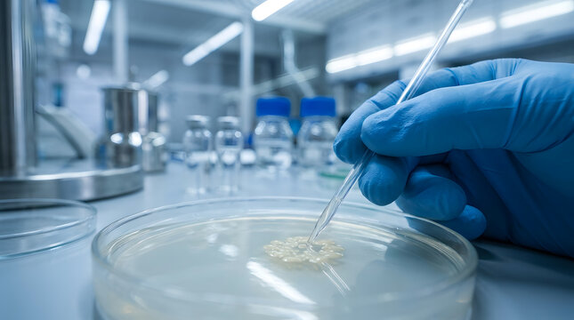 Scientist working with bacterial culture in petri dish | Medical researcher conducting laboratory experiments | Close-up of gloved hand using capillary tube in lab | Clinical laboratory testing