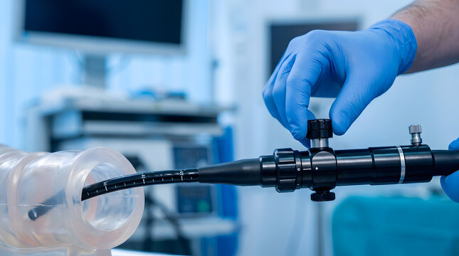 medical professional operating colonoscopy equipment | endoscopic procedure training on anatomical model | gastroenterologist using gastroscope in hospital | close up of doctor hands 