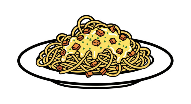 Illustration of spaghetti carbonara elegantly arranged on a white plate with creamy sauce and garnished with herbs, isolated on a white background