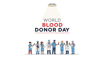 World Blood Donor Day Illustration: A diverse group of healthcare professionals stands united, celebrating World Blood Donor Day under a spotlight, highlighting the importance of this life-saving act. © Ajm