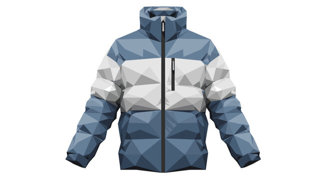 Stylish blue and white geometric patterned ski jacket with a fully zipped front against a white background