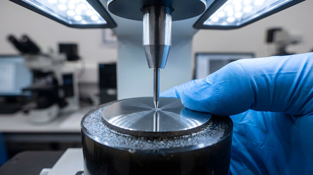 Hardness testing of metal sample in laboratory | Indenter tip measurement for material quality control | Professional engineering lab material science research | Precision engineering testing