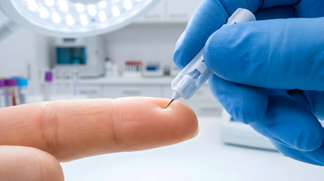 medical finger prick blood test | glucose monitoring lancet device | diabetes screening in clinical lab | healthcare professional taking blood sample